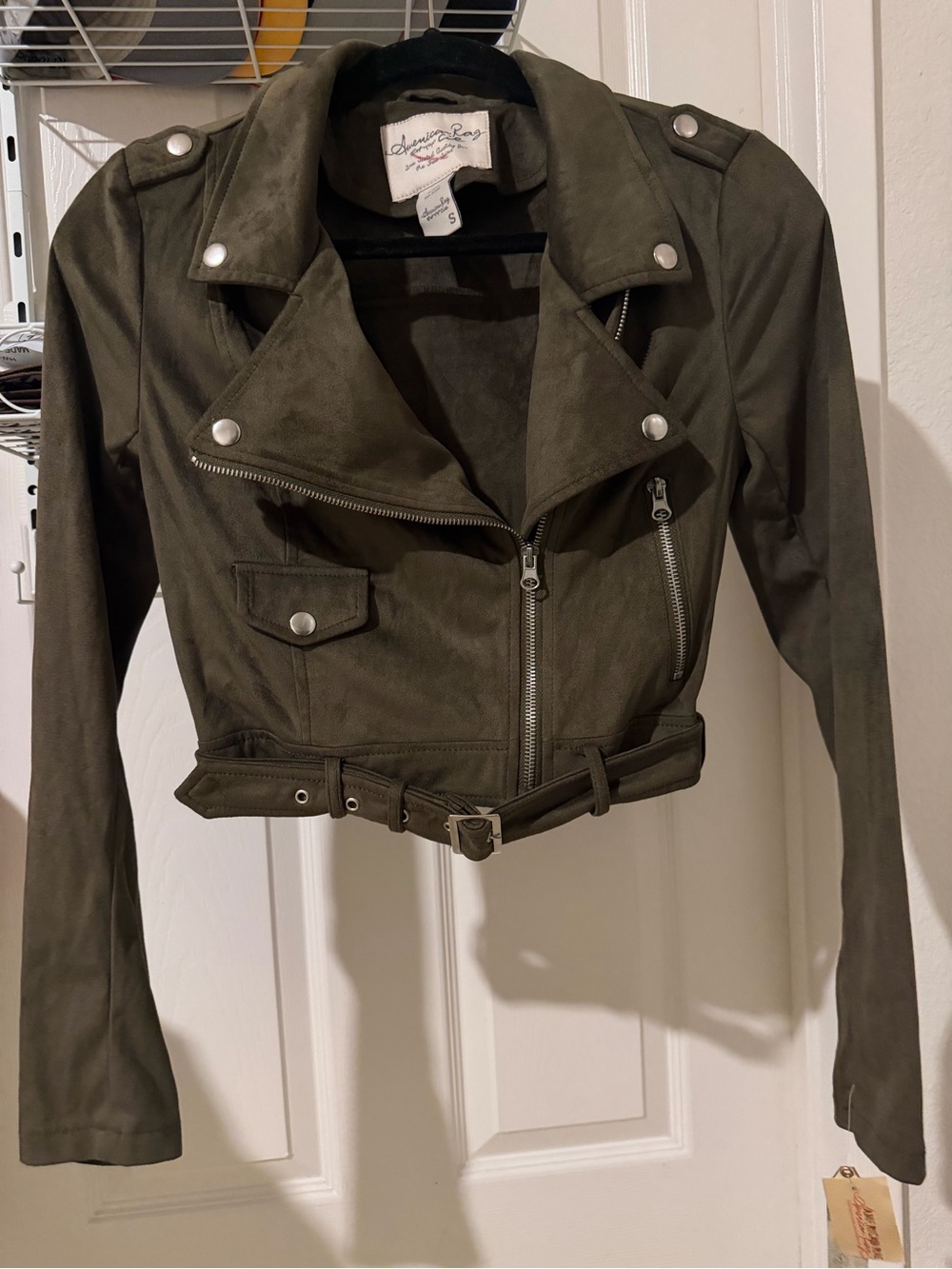 American Rag Olive Green Cropped Faux Suede Moto Jacket